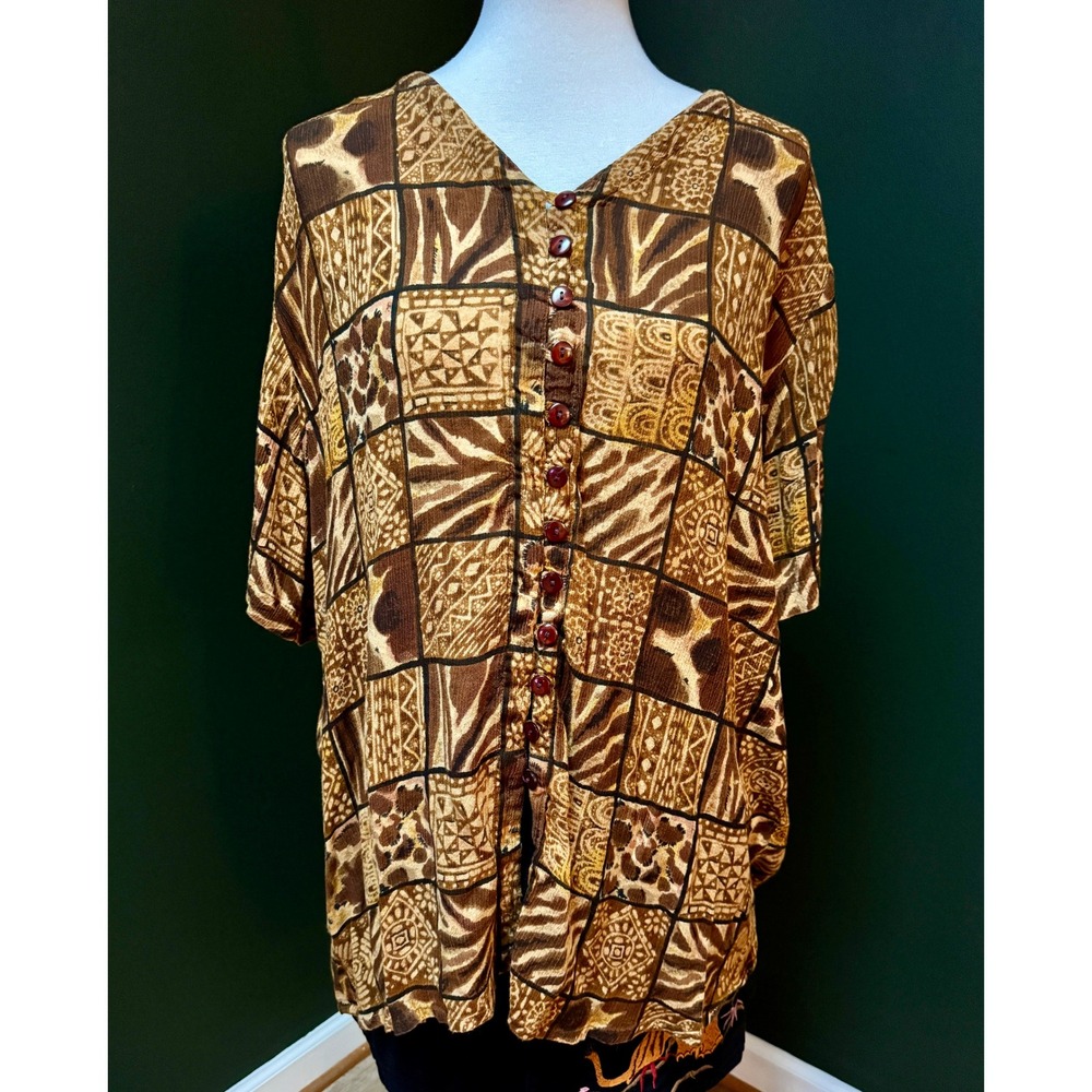 Vintage Club Z Collection Animal Print Patchwork Button Front Blouse Women's‎ 14